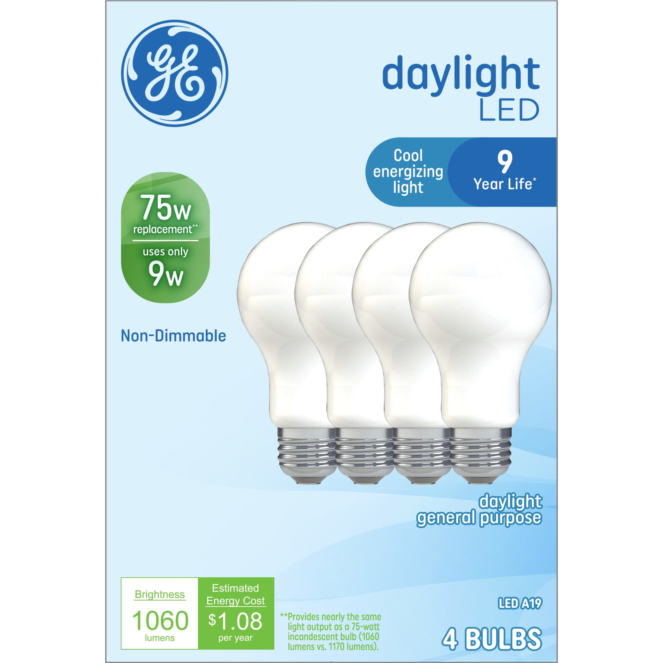(4 pack) GE LED Light Bulbs, 75 Watt, Daylight, A19 Bulbs, Medium Base, Frosted Finish, 9yr, 4pk