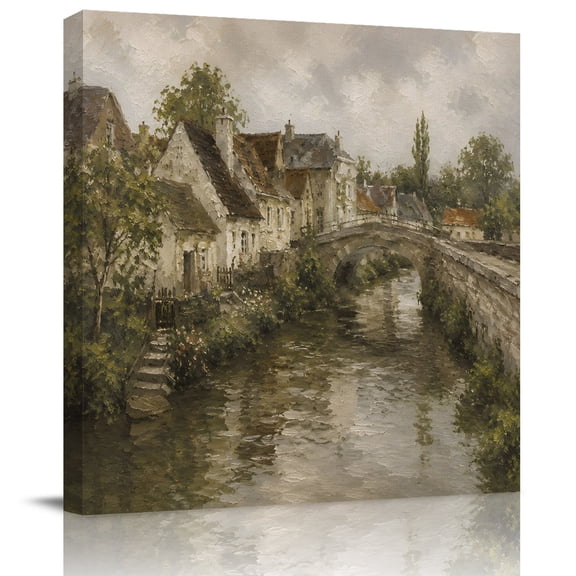 Retro Farmhouse Stone Bridge Canvas Artwork Painting Art, Vintage Countryside Square Framed Wall Decorations Prints Picture for Bedroom Kitchen Living Room, 8x8 in