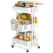 MONVANE 3 Tier Utility Rolling Cart with Cover Board, Rolling Storage Cart with Handle and Locking Wheels Kitchen Cart with 2 Small Baskets and 4 Hooks for Bathroom Office Balcony Living Room, White