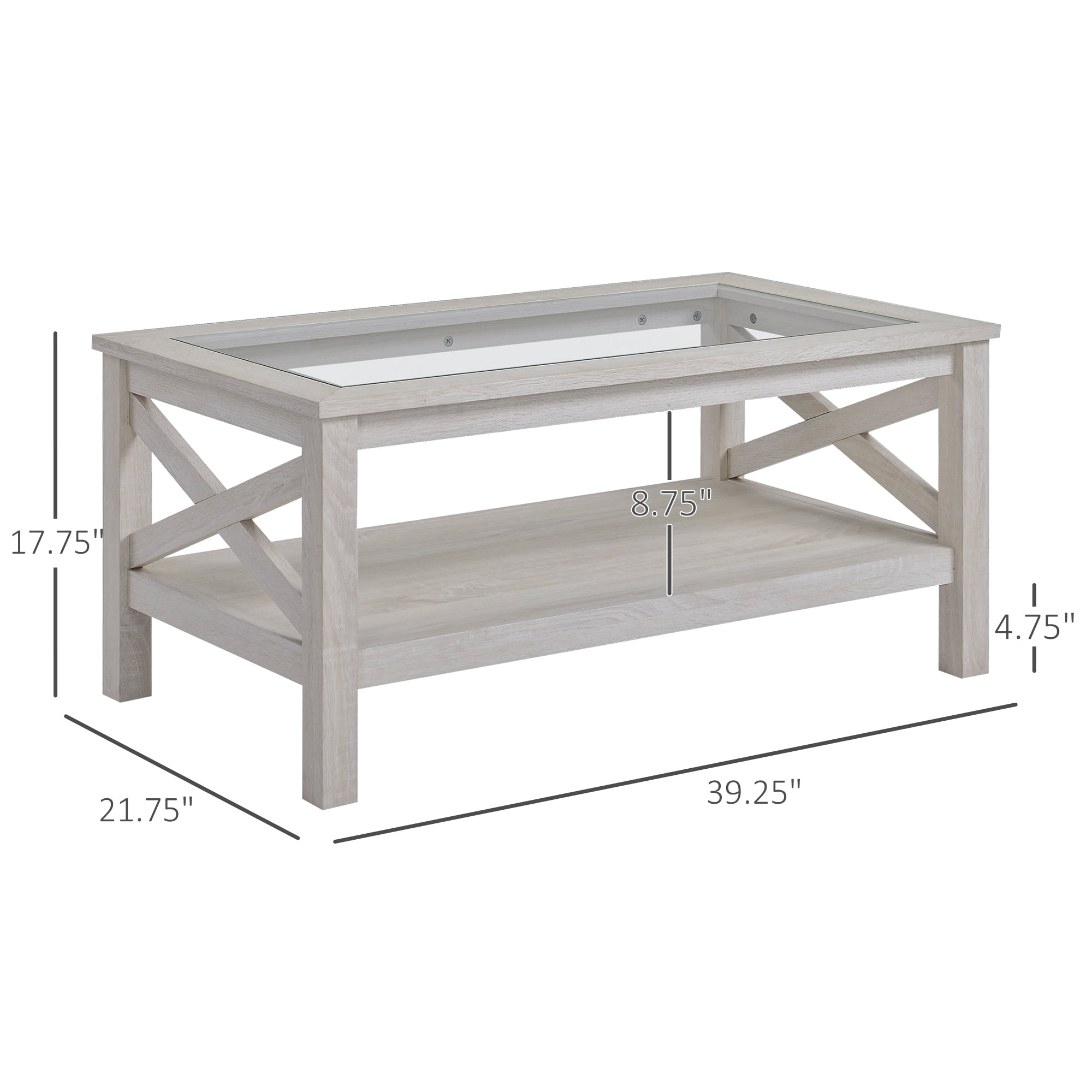 HOMCOM Farmhouse Style Coffee Table with Wood Frame, Tempered Glass Tabletop and Underneath Storage Shelf, Side Table for Living Room, 39.25"x21.75", White Oak