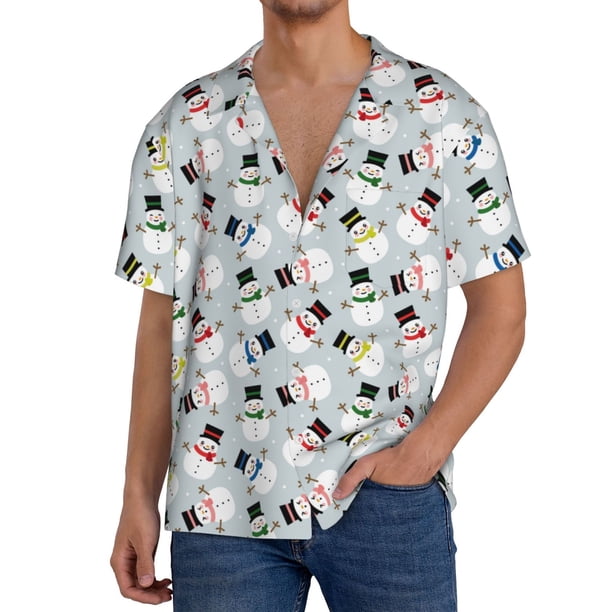 Fotbe Colorful Hat Snowman Camisa Estampada de Manga Corta para Hombre, Casual de Verano, Estilo Playero, Sin Arrugas-Large