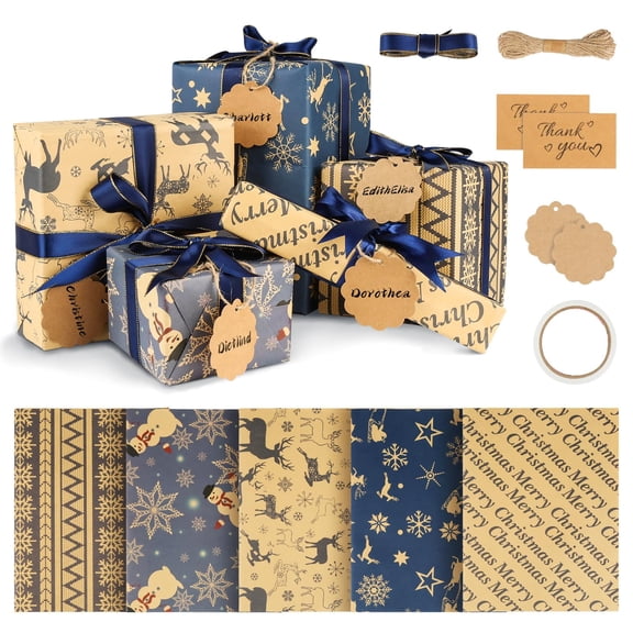 10 Sheets of Kraft Wrapping Paper, Christmas Wrapping Paper with 5 m Ribbon, 10 Kraft Paper Labels, 10 Message Cards, 1 Double-Sided Tape