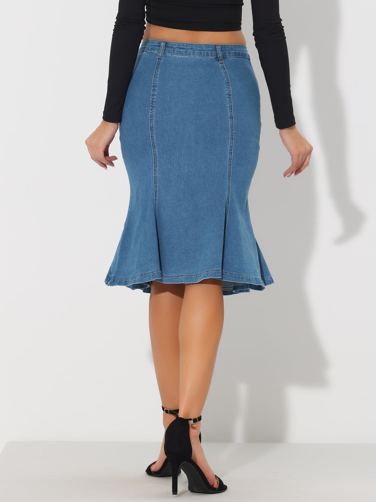 DARING DIVA Women's Denim Jean Bodycon Ruffles Fishtail Skirts L Sky Blue