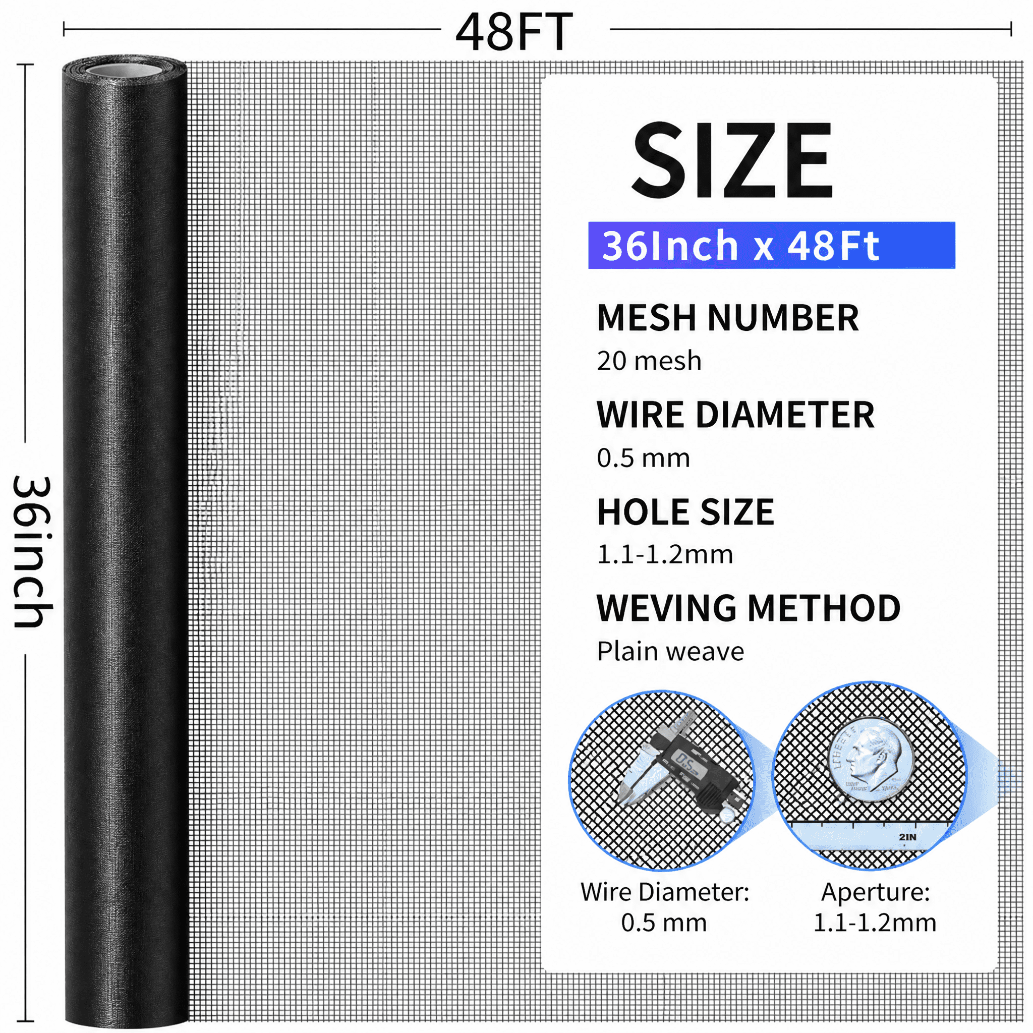 304 Stainless Steel Window Screen Roll, Black High-Transparency Screen Replacement, Durable Metal Mesh, Suitable For Doors, Patios, Porches, Diy-Friendly, 36 in x 48 ft