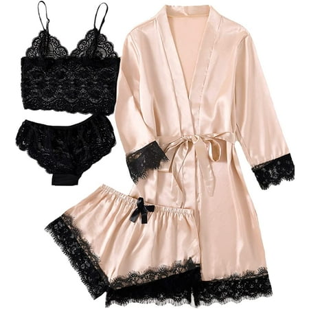 

LYANER Women s 4pcs Sleepwear Satin Floral Lace Trim Cami Pajama Set with Robe