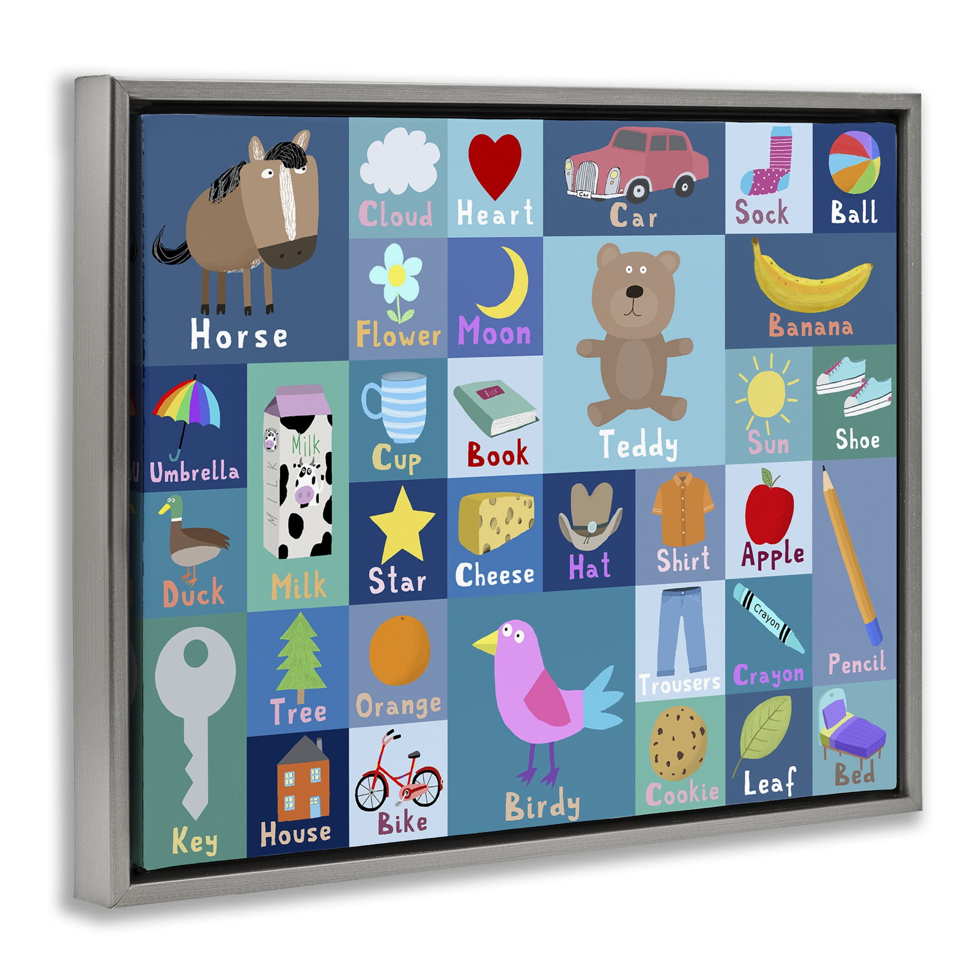 Stupell Industries Blue First Words Gray Framed Floater Canvas Wall Art, design by Carla Daly