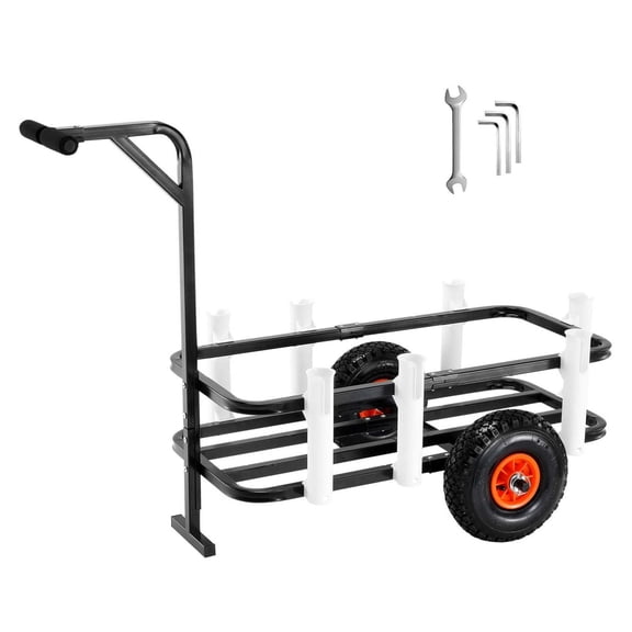 AetherLove Beach Fishing Cart, 200 lbs capacity, with two 11" big balloon wheels for sand. Heavy-duty steel pier wagon with 7 rod holders, also for picnics.