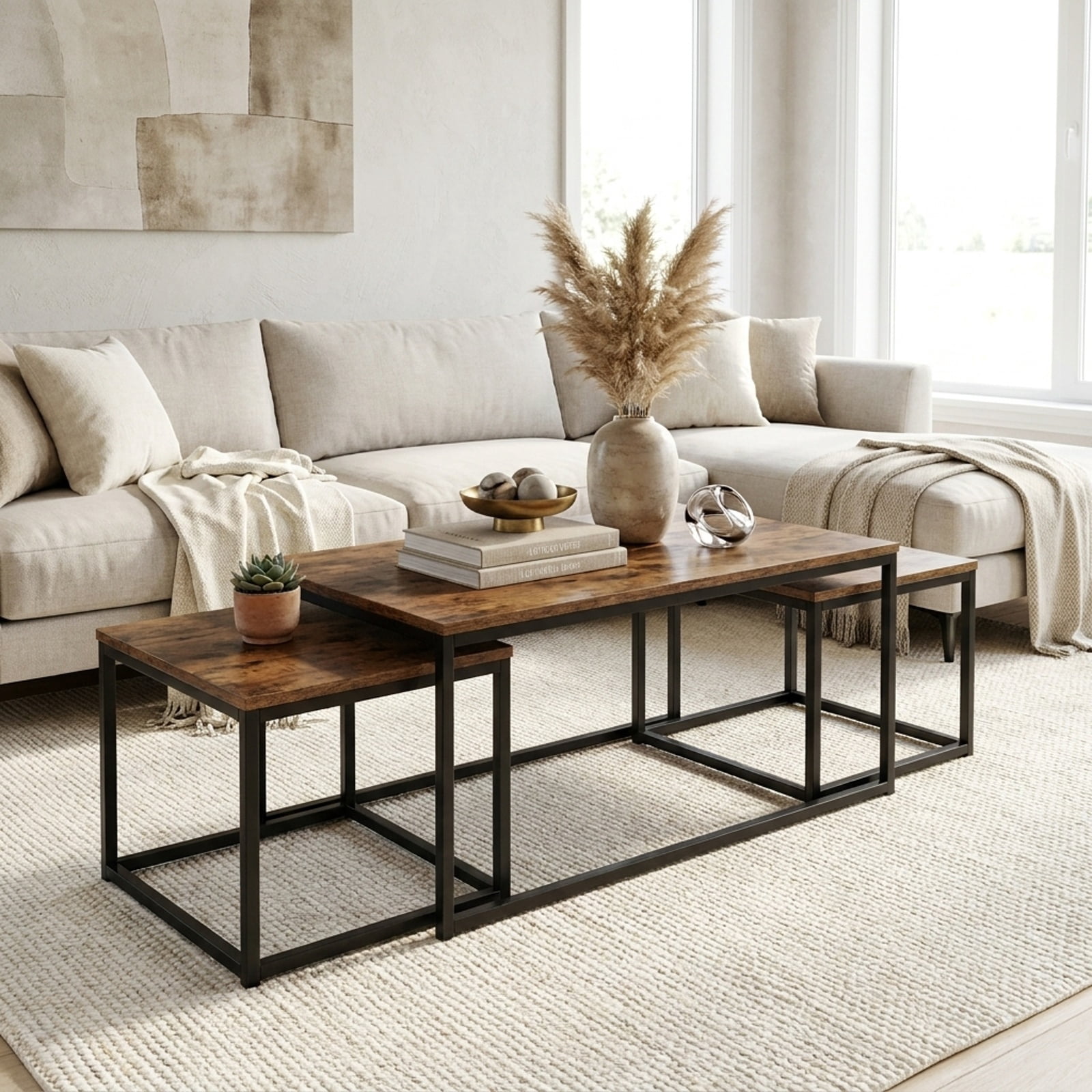 Furnibear Nesting Coffee Table Set of 3 with Wood Grain Tabletop and Powder Coated Black Metal Frame for Living Room, Rustic Brown
