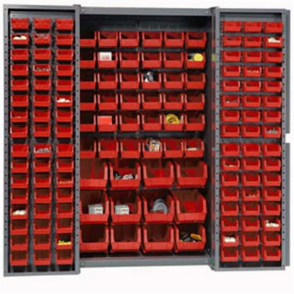 Global Industrial 662133RD 38 x 24 x 72 in. Deep Door Bin Cabinet with 144 Red Bins & Assembled, Gray - 16 gal