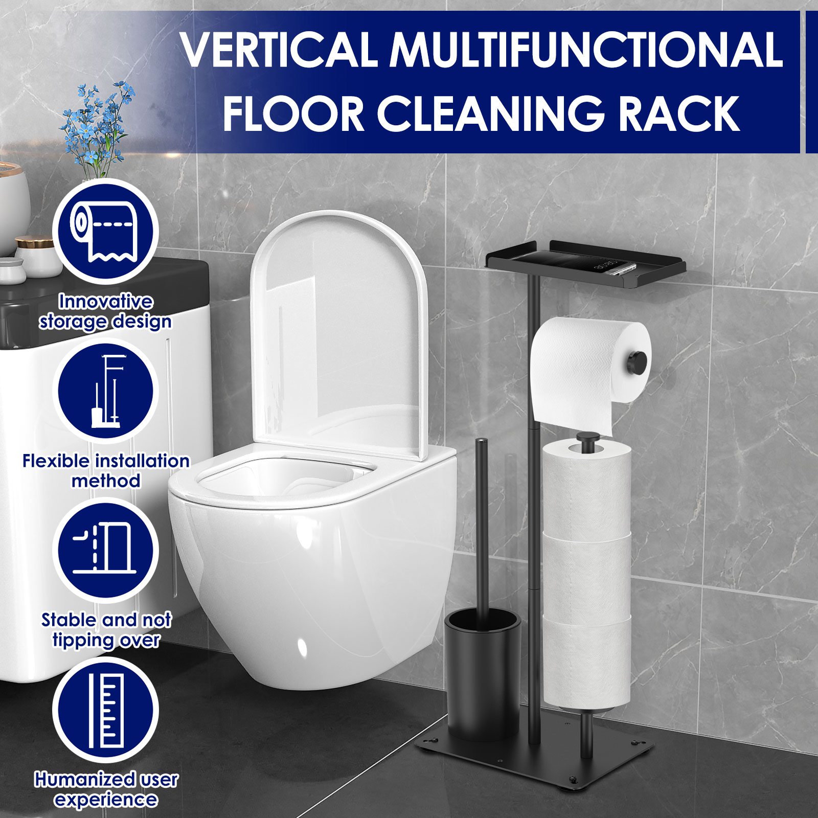 Dznils Free Standing Stainless Steel Toilet Paper Holder with Roll Reserve, Toilet Brush and Top Storage Shelf, Black