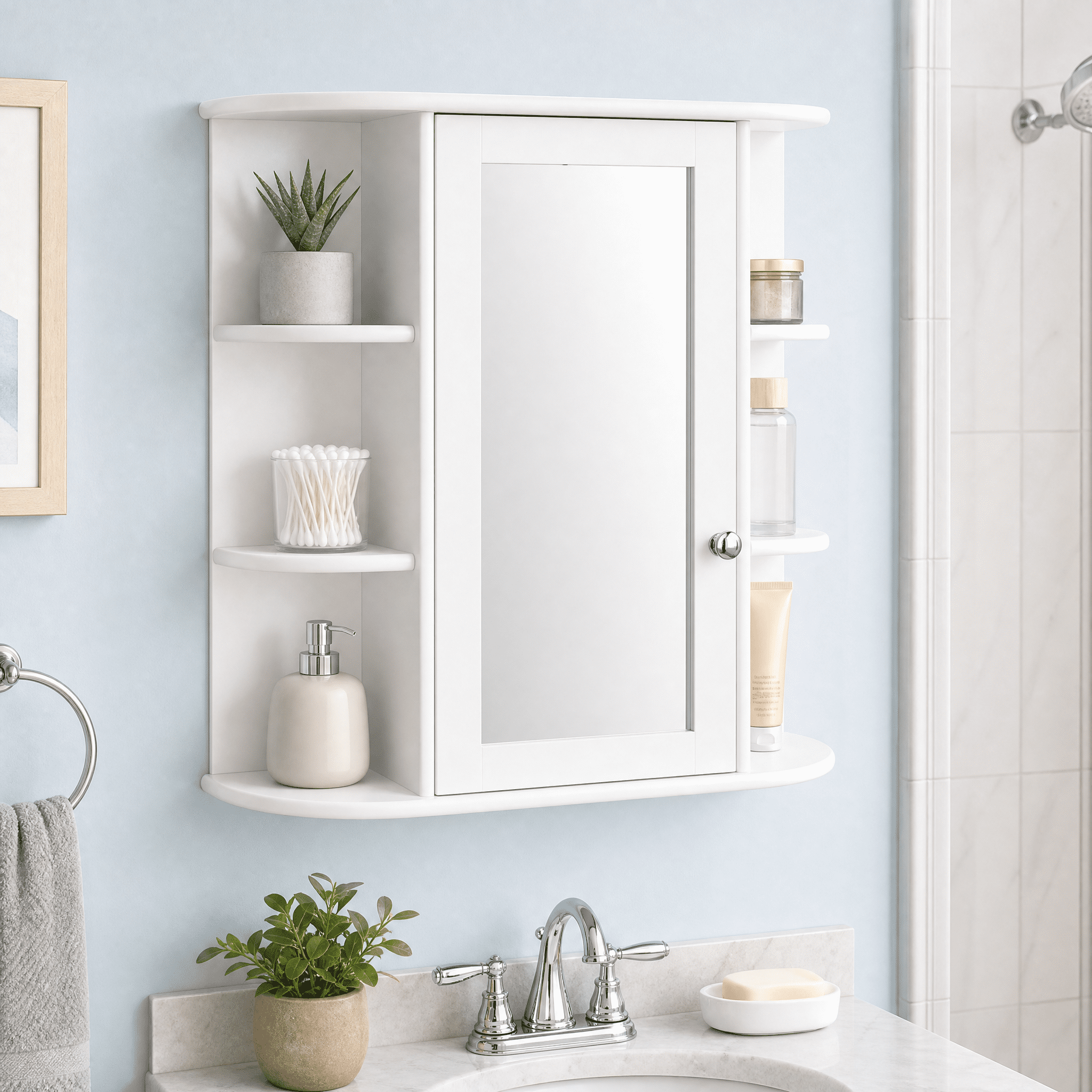 3-tier Single Door Mirror Indoor Bathroom Wall Mounted Cabinet Shelf White