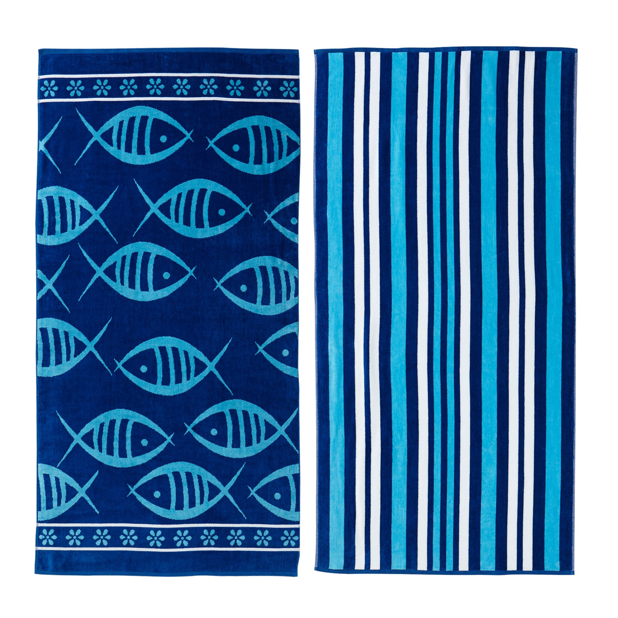 Great Bay Home Cotton Printed 2Pack Beach Towel (2 Pack 30" x 60", Fish & Stripes)