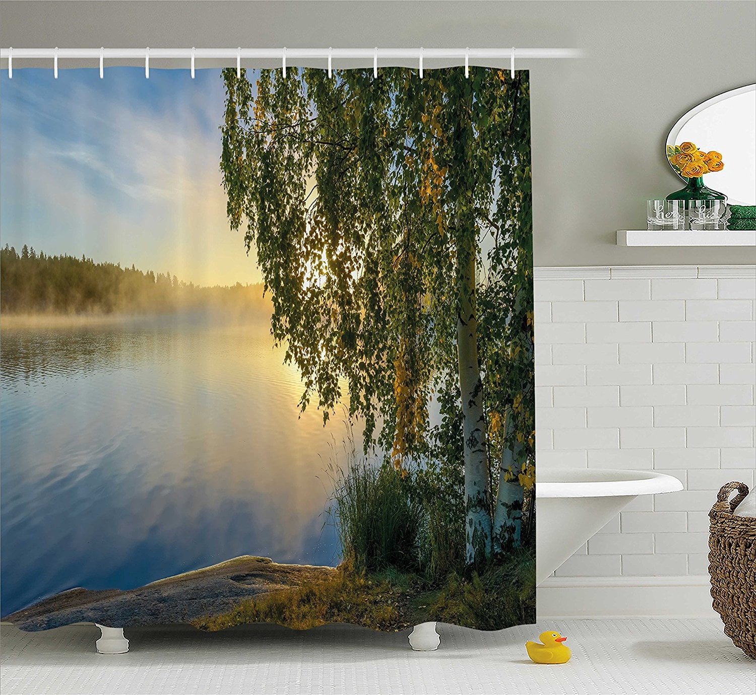 Nature Shower Curtain by , Sunny Day by Misty Lake with Tree Summer Season Horizon August