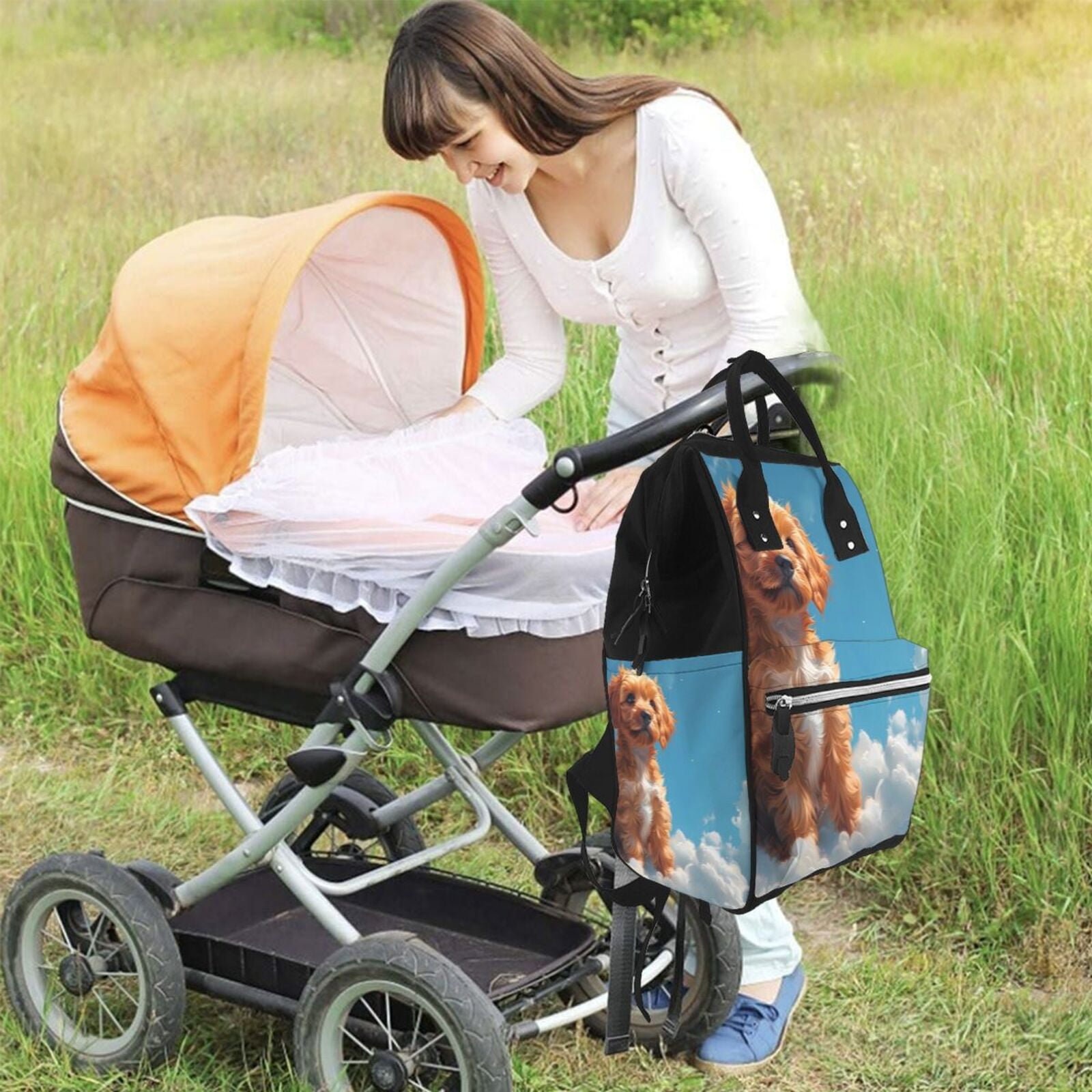 Fuzoiu Blue Sky Cloud Puppy Print Diaper Bag Backpack,Baby Essentials Travel Tote,Multi function Waterproof Diaper Bag, Travel Essentials Baby Bag - Unisex