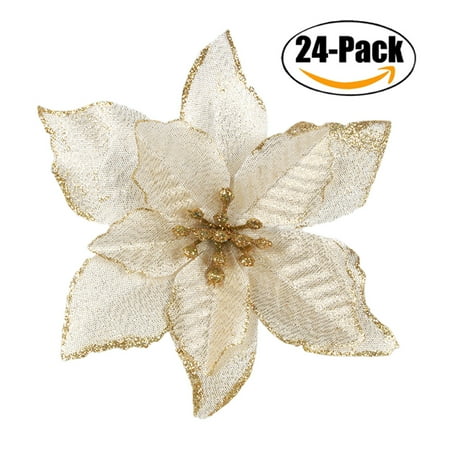 Knight Rider Ornament 24Pcs 5.91'' Wreaths Decor, Outgeek Glitter Artificial Flowers Wedding Christmas Flowers Xmas Tree Ornaments Party Home Accessories Supplies Decorations Golden Red ()