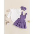 thumbnail image 4 of Baby Toddler Girl Fall Outfit 0 3 6 12 18 Months Solid Long Sleeve Romper with Overall Dress and Headband 3 Pcs Clothing Set, 4 of 9