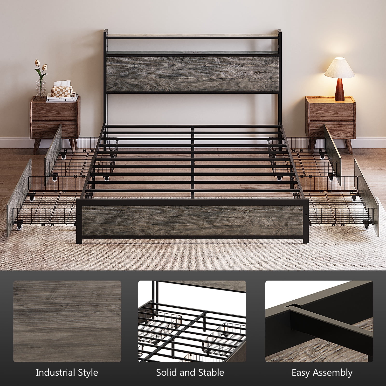 Zimtown King Bed Frame with 2-Tier Storage Headboard, Metal Platform Bed Frame with 4 Storage Drawers, Built in Charging Station & LED, Gray