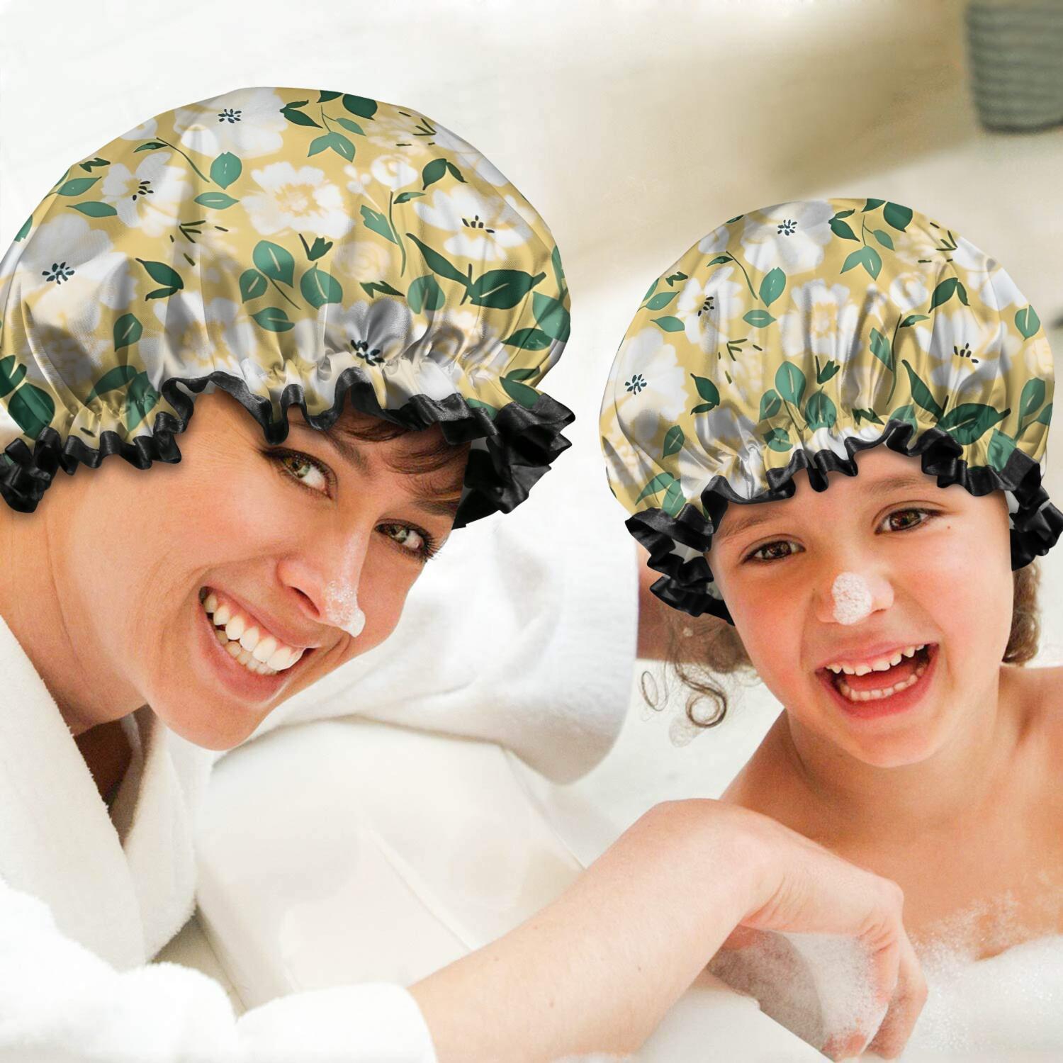 Shower Caps,Pioneer Flower Floral Print Pattern Waterproof Shower Cap for Women 4 Pieces,Double Reusable Hair Cover for Shower PEVA Elastic Stretch Hem