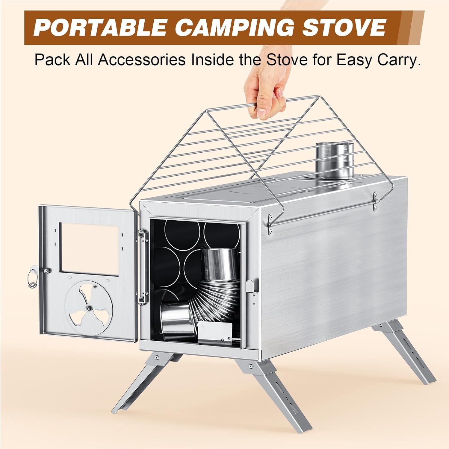 FICISOG Outdoor Wood Burning Stove Portable Camping Wood Stove Stainless Steel Camping Tent Stove with Chimney Pipes, Firebox Hot Camping Cooking Stove for Hiking Backpacking
