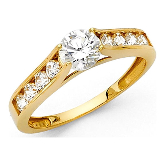Round CZ Engagement Ring 14k Yellow Gold Anniversary Solitaire CZ Band Channel Set Side Stones Size 7