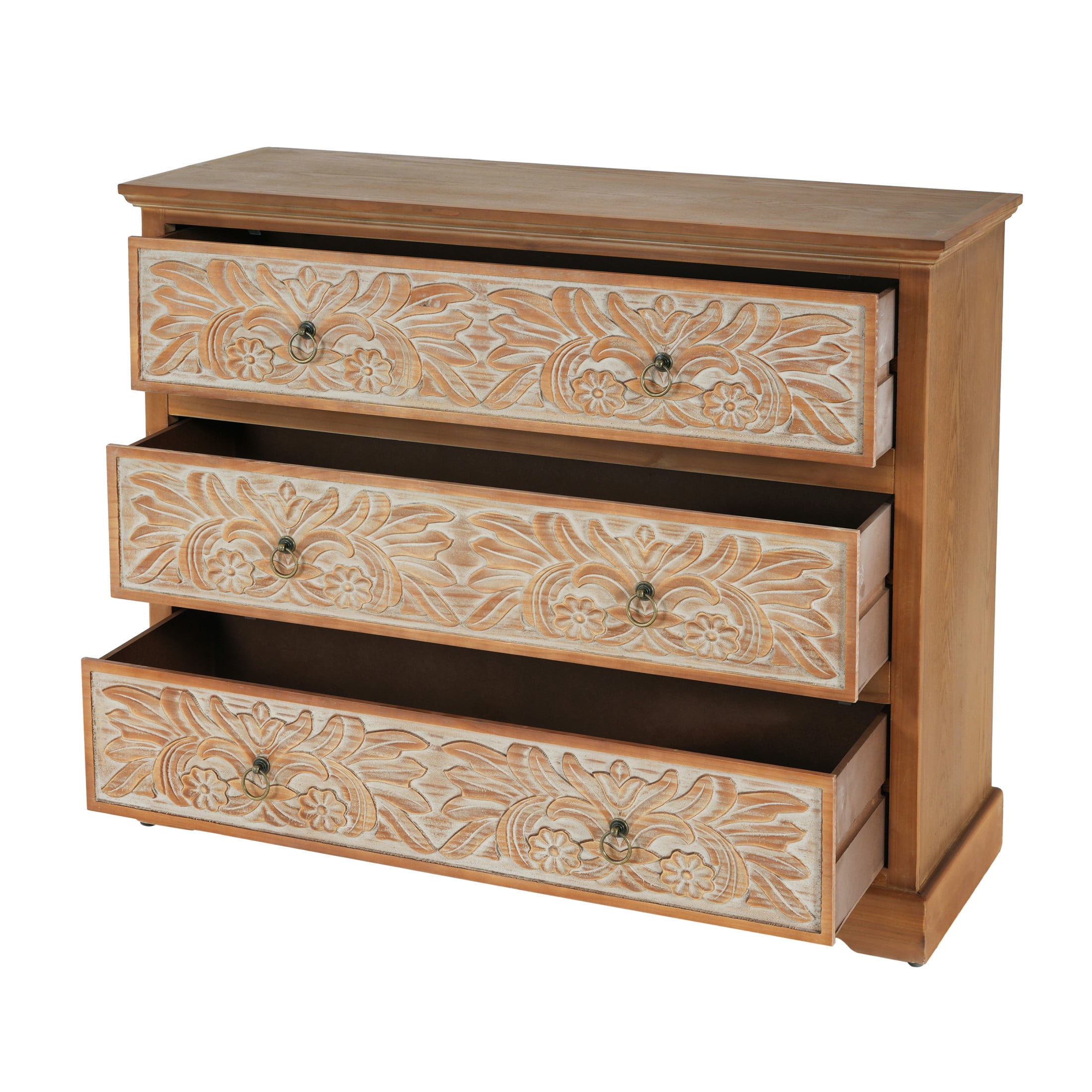 Christopher Knight Home Boho 3-Drawer Dresser with Carved Floral Front, Vintage Style, Natural & White