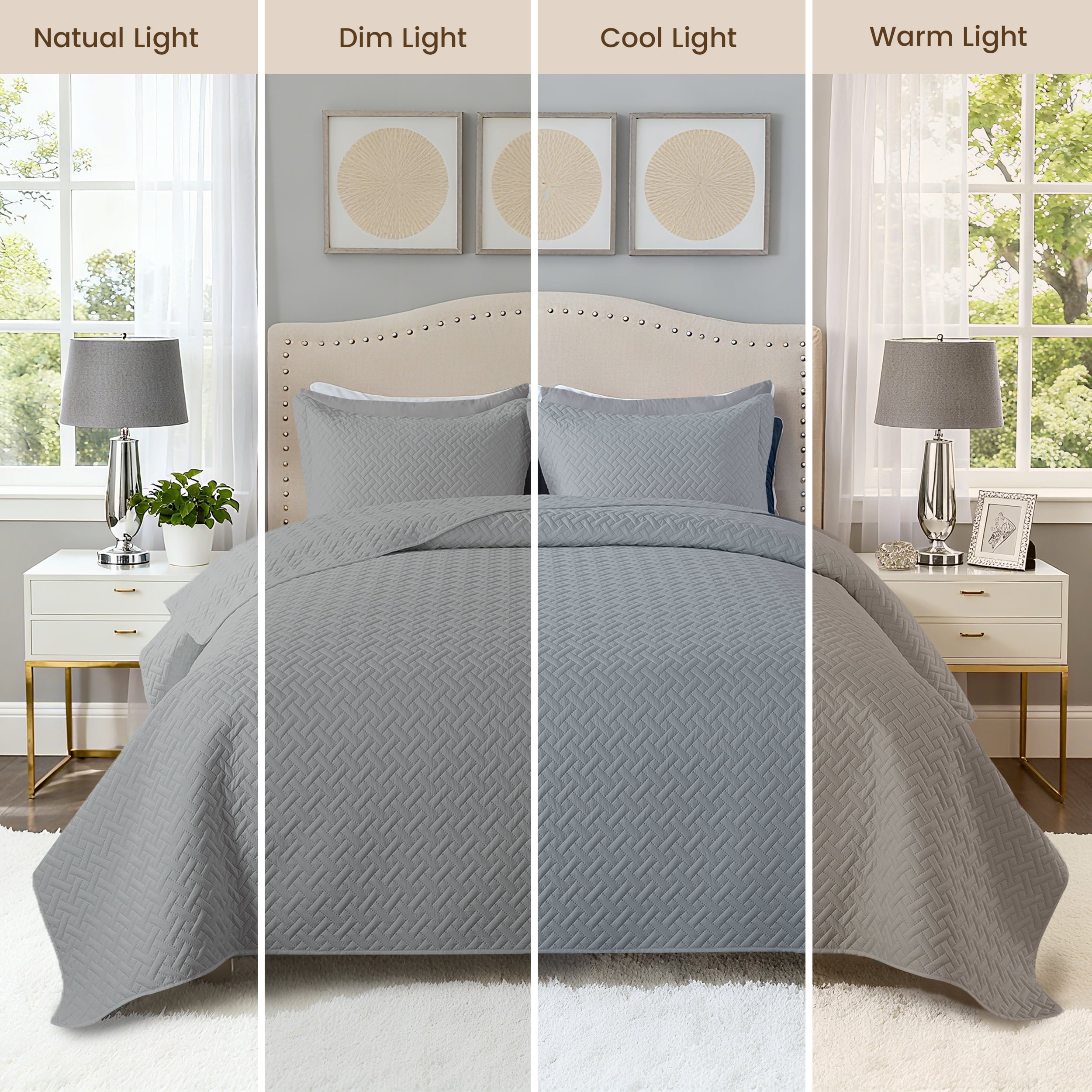 VCCOEM Quilt Set Full/Queen Size Lightweight Bedspreads, All Season Coverlet, 3 Piece (1 Quilt, 2 Pillow Shams), Woven Pattern, Light Gray