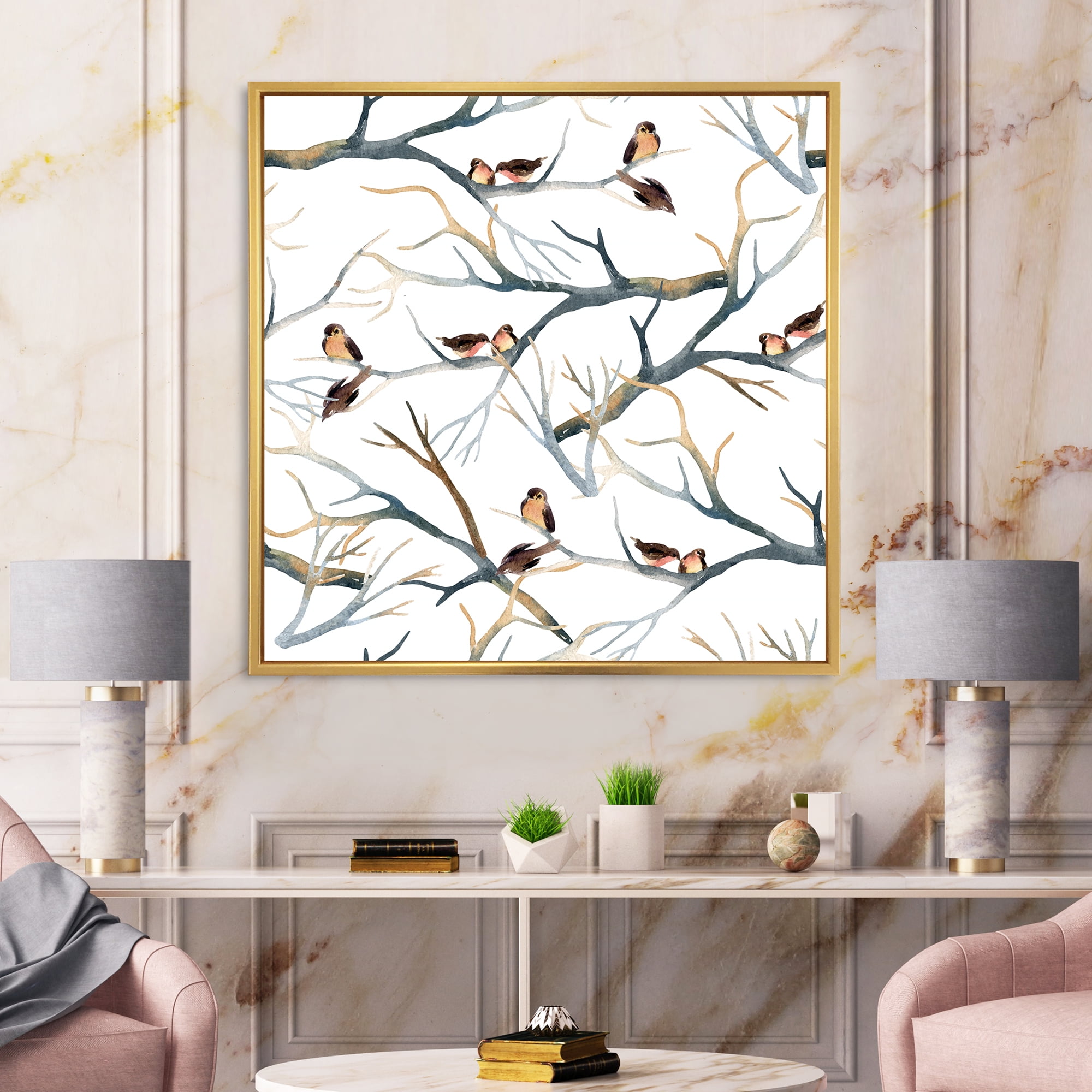 Designart 'Little Birds Sitting On The Tree Branches I' Traditional Framed Canvas Wall Art Print