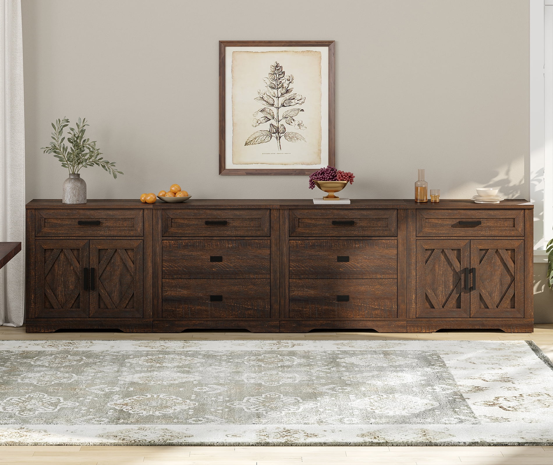WAMPAT 126"W Large TV Stand,4-in-1 Farmhouse Entertainment Center with Storage Barn Door Cabinet,TV Console Table With Media Cabinet and Drawers for Living Room,Bedroom,Rustic Brown