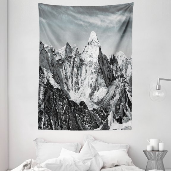 Black and White Tapestry, Dramatic View of the Mountains Himalayas Peak Landscape Traveling, Wall Hanging for Bedroom Living Room Dorm Decor, 60W X 80L Inches, Black White Grey, by Ambesonne