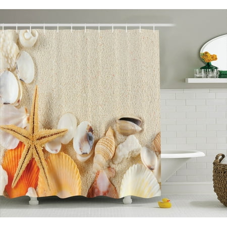 Seaside Bathroom Accessories (Seashells Decor Shower Curtain Set, Group Of Seashells Starfish On The Sand Romantic Beach Travel Destination Nature Seaside, Bathroom Accessories, 69W X 70L Inches, By)