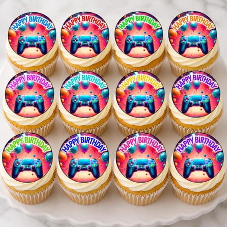 SugarMeLicious Gamer Birthday Edible Cupcake Toppers, Video Game Party Dessert Decorations, Gaming Controller Treat Toppers, 12 Pack 2.5 Inch Frosting Circles