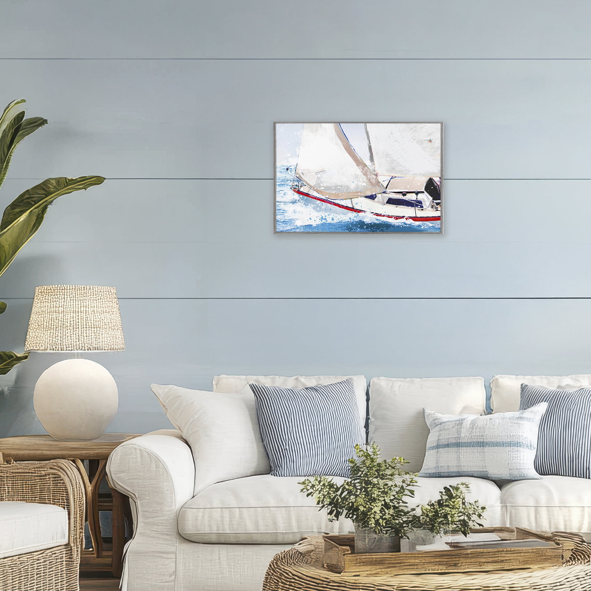 Stupell Industries Sailboat Racing Through Blue Waves Gray Framed Giclee Art, design by Porter Hastings