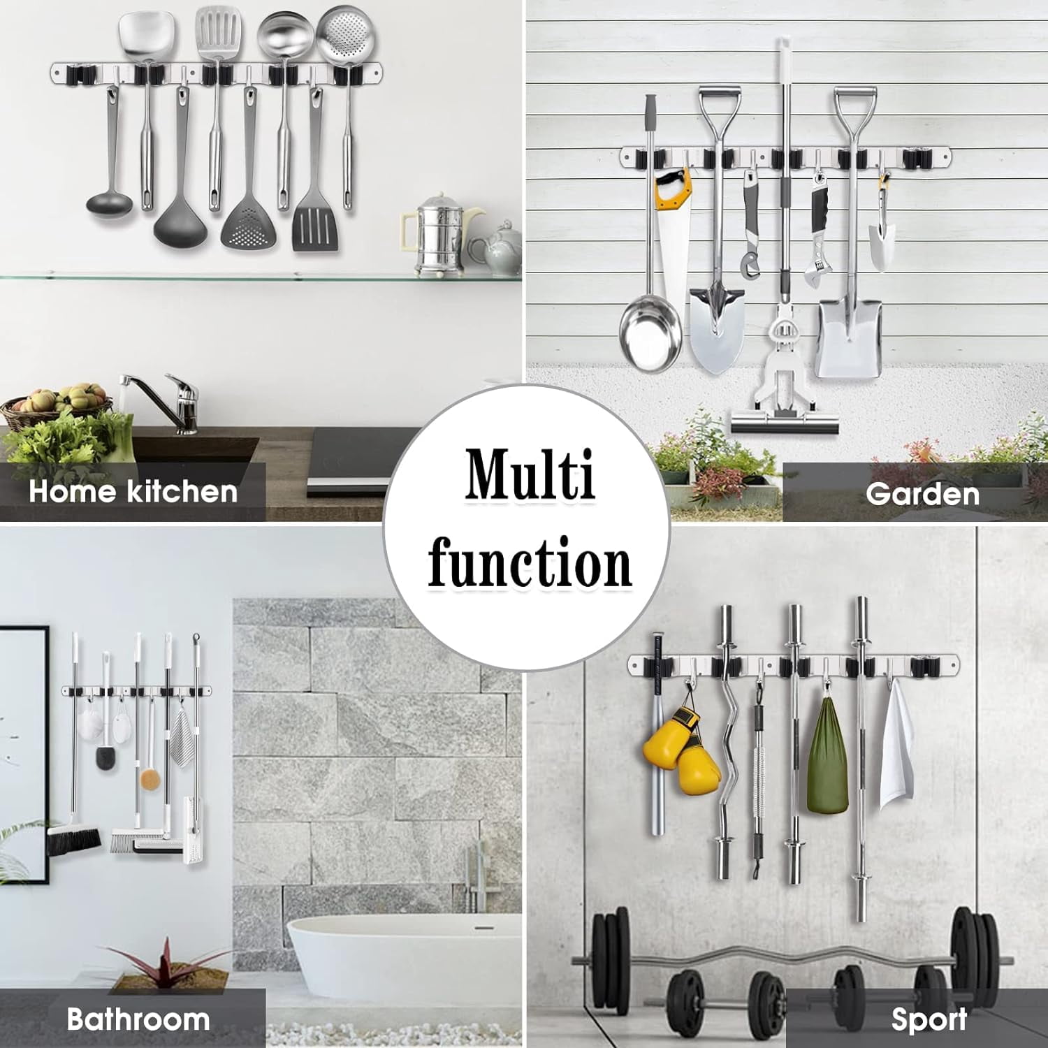 5-Gripper Broom Holder Wall Mount With 4 Hooks – Stainless Steel Organizer For Mops, Tools, And More (Adhesive Or Screw Fixing)