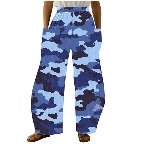 Sexlip Womens Camo Print High Waist Multi Pocket Cargo Pants Durable Functional Outdoor Hiking Outfit Blue L
