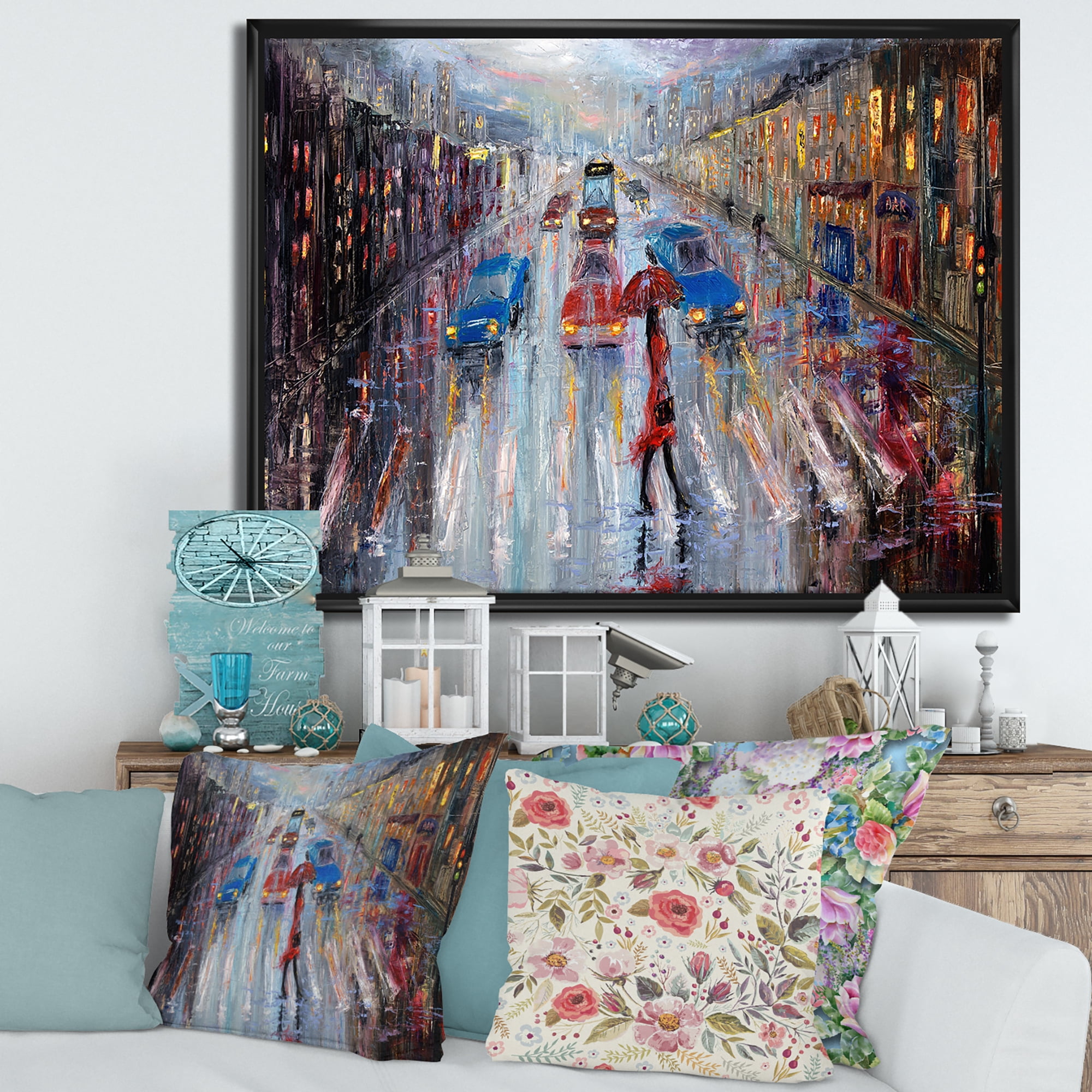 Girl In Red Crossing The Street 20 in x 12 in Framed Painting Canvas Art Print, by Designart