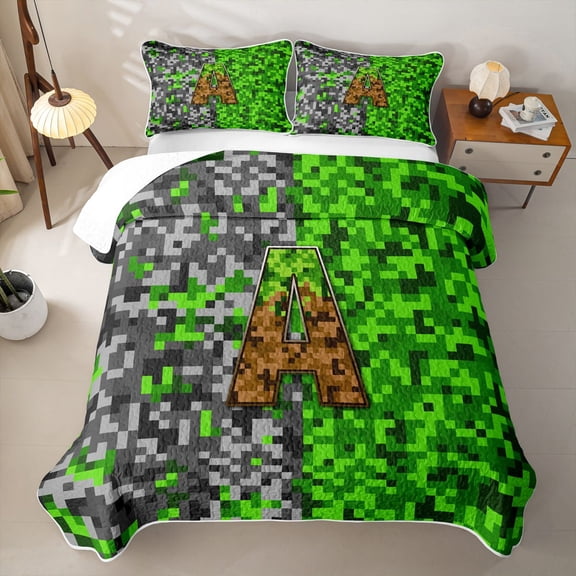 meiyoeat Classic Pixel Miner Games Quilt Full For Boys,Monogram Letter A Full Bedspread Sets,3 Pieces