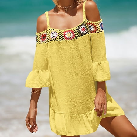 Abomasnow Beach Cover Up for Women Cute Boho Dress Hem Ruffle Cold Shoulder Short Sleeves Swim Cover Up Trendy Dress Bikini Cover Ups for Beach Swimwear