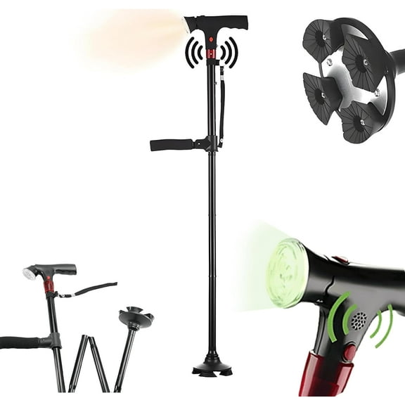 Cane Hero Walking Cane, Canehero Smart Canes with Led Light & Alarm, Cane Hero Canes Four-Leg Base, Double Handles, Foldable Adjustable,Lightweight Mobility Aid for Elderly