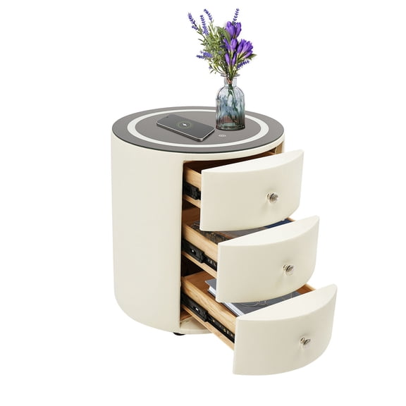 Nightstand with Wireless Charger USB Ports 3-Color LED Light, Modern End Table