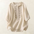 thumbnail image 5 of Women's Cotton Linen Shirts Button Up Half Sleeve Embroidered Trendy Casual Tops Travel Summer Beach Outfits (2XL, Beige), 5 of 8