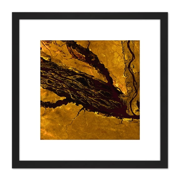 Abstract Gold Paint Rivers 8X8 Inch Square Wooden Framed Wall Art Print Picture with Mount