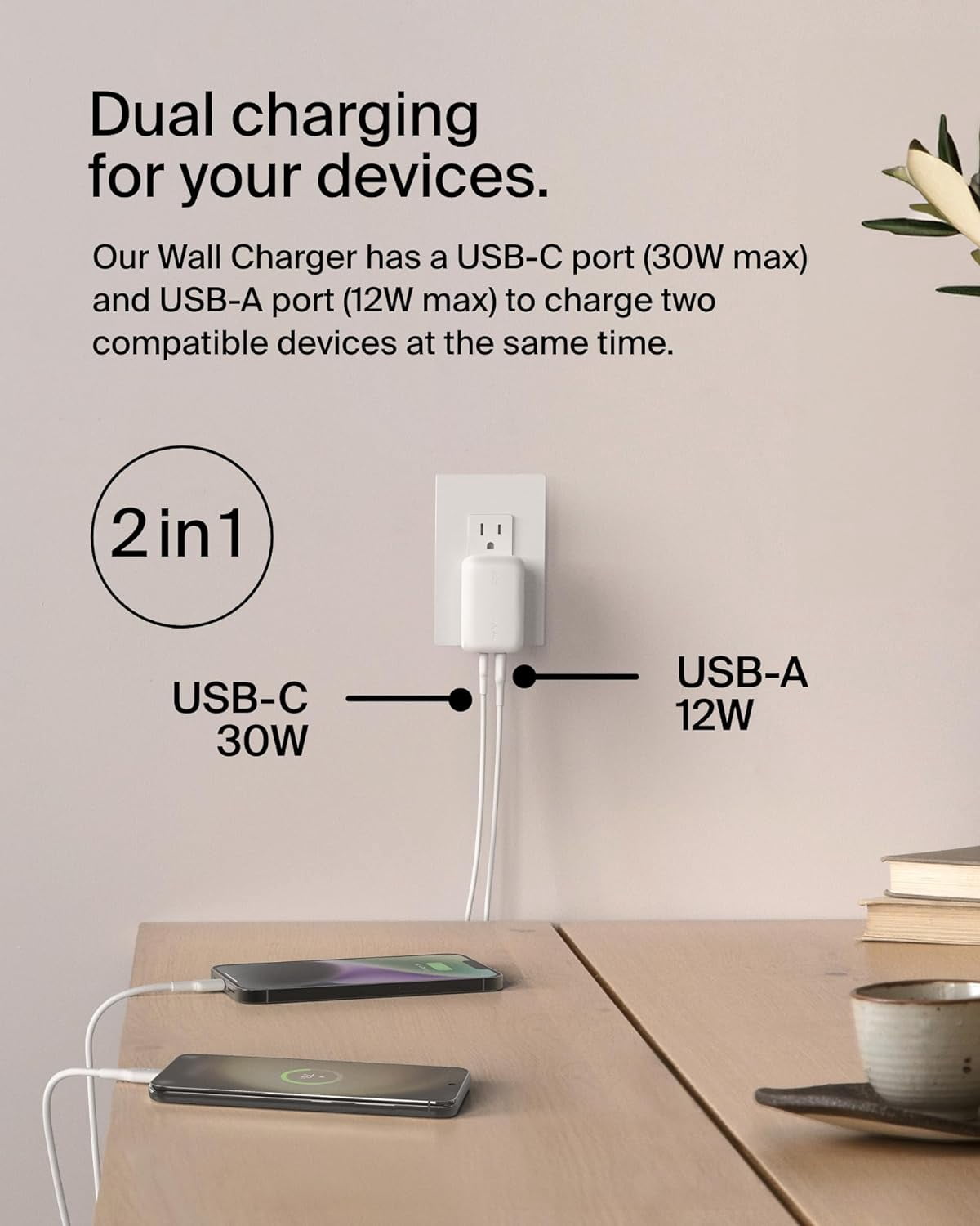 Belkin 42W Dual Port Wall Charger, USB-C + USB-A Charger - Fast Charging for iPhone 16, 15, 14, 13, Pro, Pro Max, Plus, iPad, MacBook, Galaxy S25 Ultra, Pixel, Nintendo Switch 2 & More - White