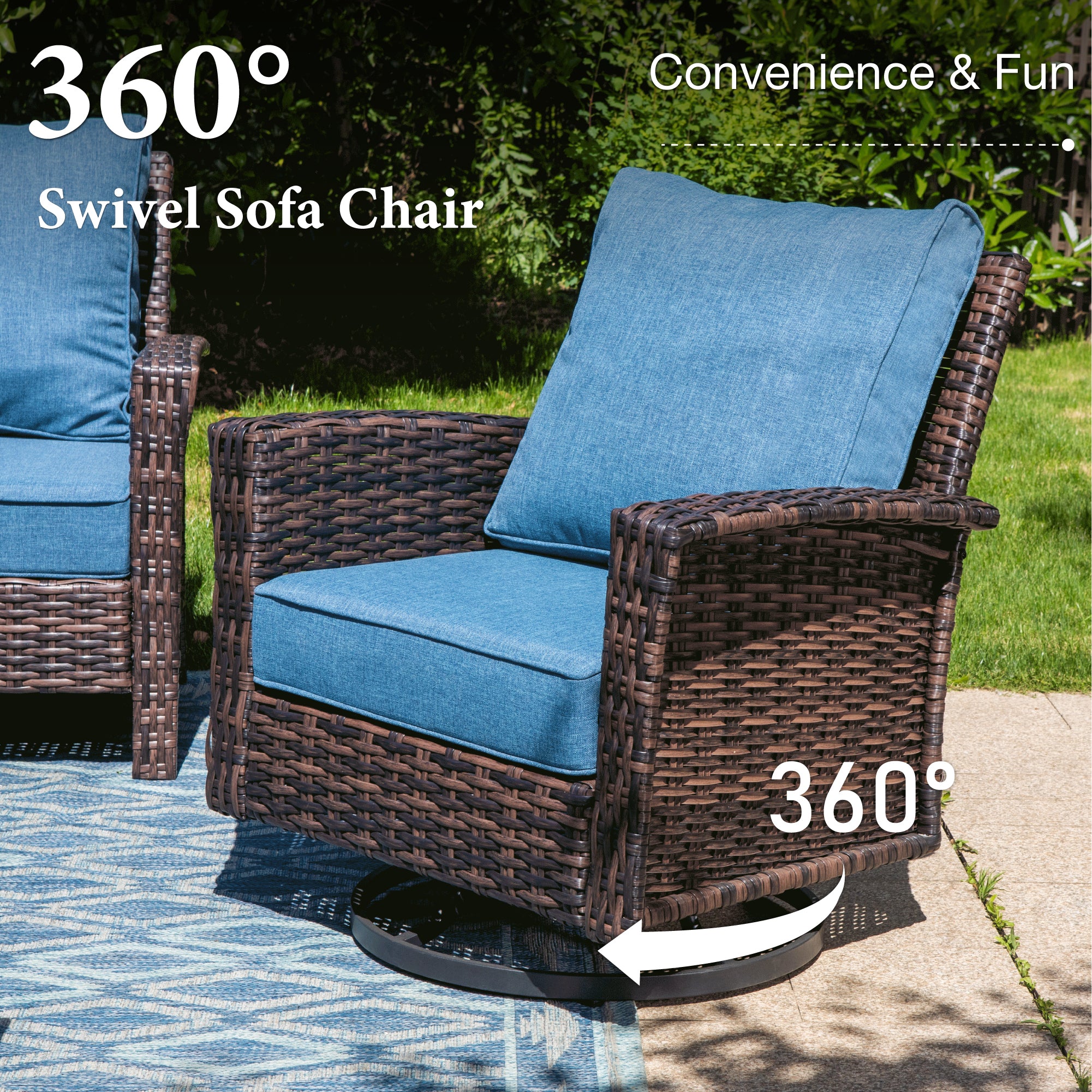 SUMMIT LIVING 7-Seat Patio Furniture Set with 56" Gas Fire Pit Table (50,000 BTU), Wicker Sectional Outdoor Conversation Set with Swivels Chairs, Navy blue