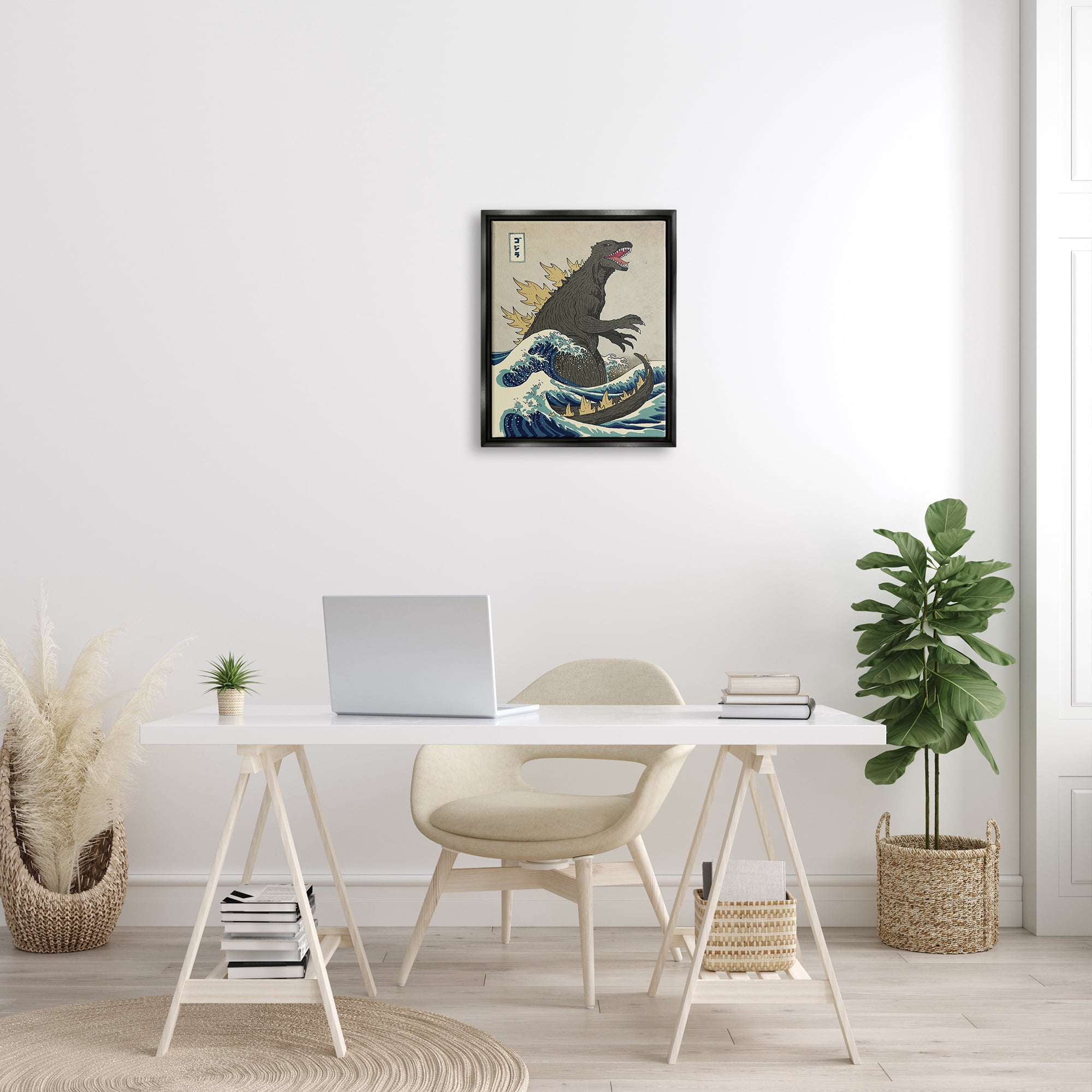Stupell Industries Godzilla in the Waves Eastern Poster Style Illustration Jet Black Framed Floating Canvas Wall Art, 16x20, by Michael Buxton