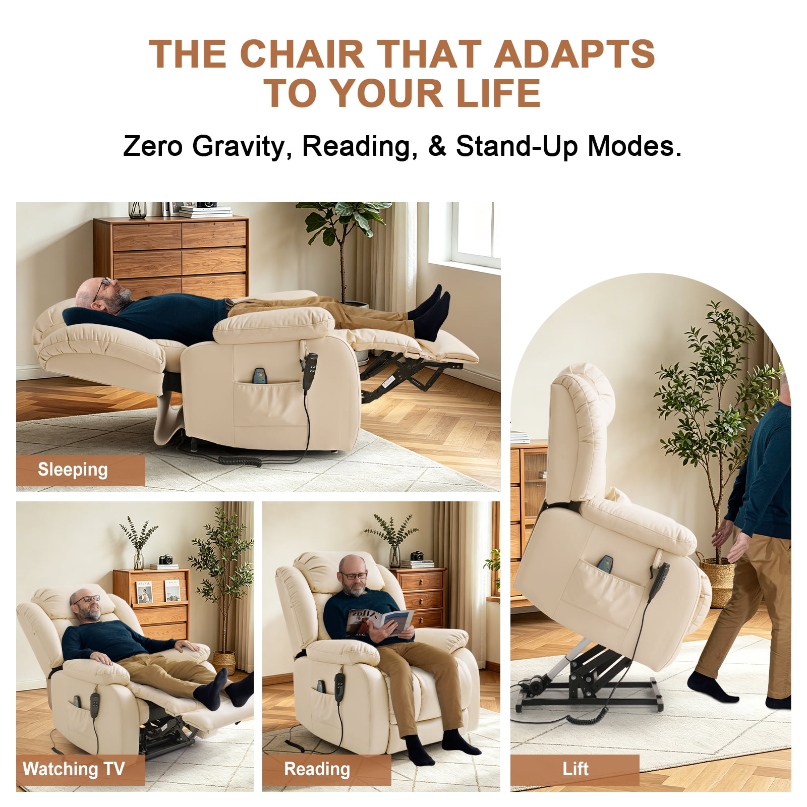 TEKAMON Infinite Position Lift Recliner Chair for Elderly with Heat Massage and Extended Footrest Lay Flat Sleeping Leather Dual Motor Power Lift Chair for Living Room (Beige)
