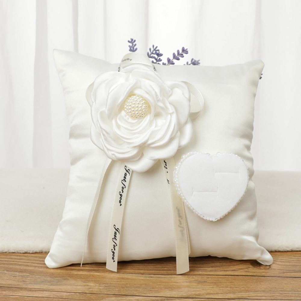 Black White Wedding Ring Bearer Pillow White Bow Floral design pattern hand grip 