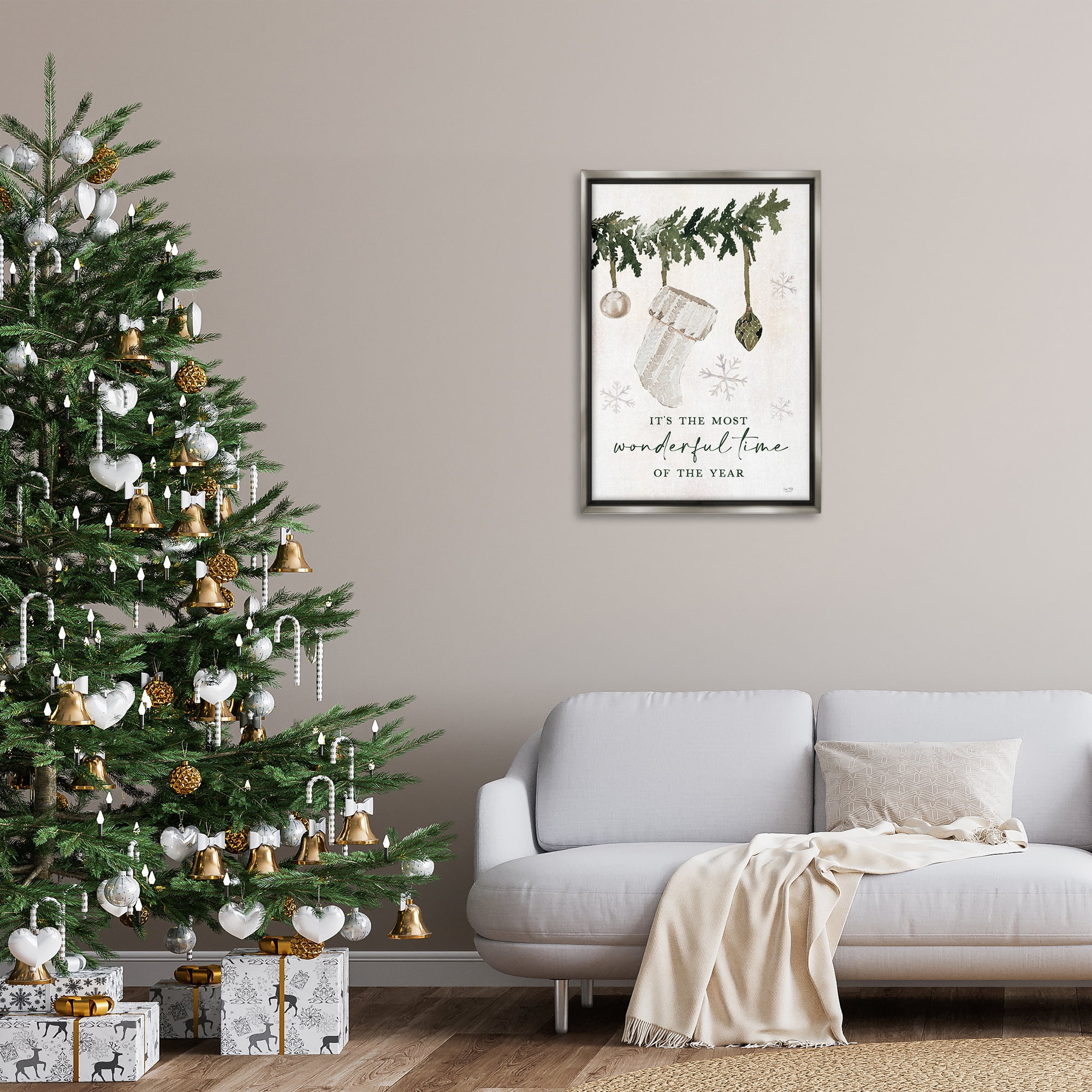 Stupell Industries Festive Hanging Stocking Holiday Painting Gray Floater Framed Art Print Wall Art, 21 x 31