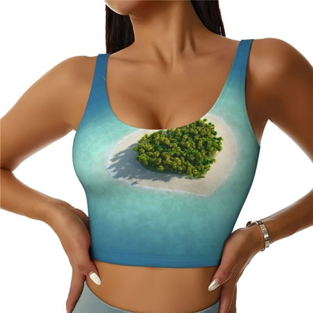 Jgfou Paradise Island Print Womens Sports Bra - Padded Workout Sports Bras Crop Tank Top