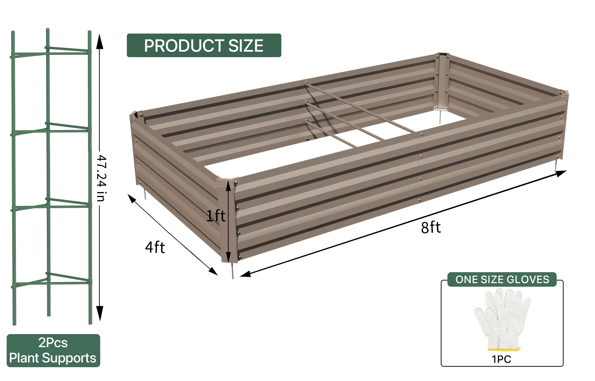 AMOBRO 8x4x1ft Outdoor Metal Raised Garden Bed Planter Box for Vegetables, Flowers, Herbs w/ 3 Tomato Cages Brown
