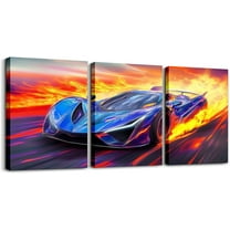 Hieng Race Car Canvas Wall Art for Living Room Bedroom Red Blue Picture Wall Decor for Bathroom Speed Sports Car Kids Boys Girls Artwork Posters Extreme Sports Painting(Only canvas)